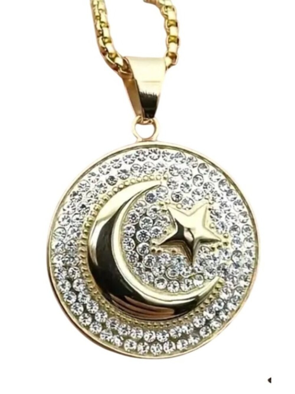 Moon & Star Pendant Necklace With Rhinestones Islamic-Inspired 18k Gold Plated C